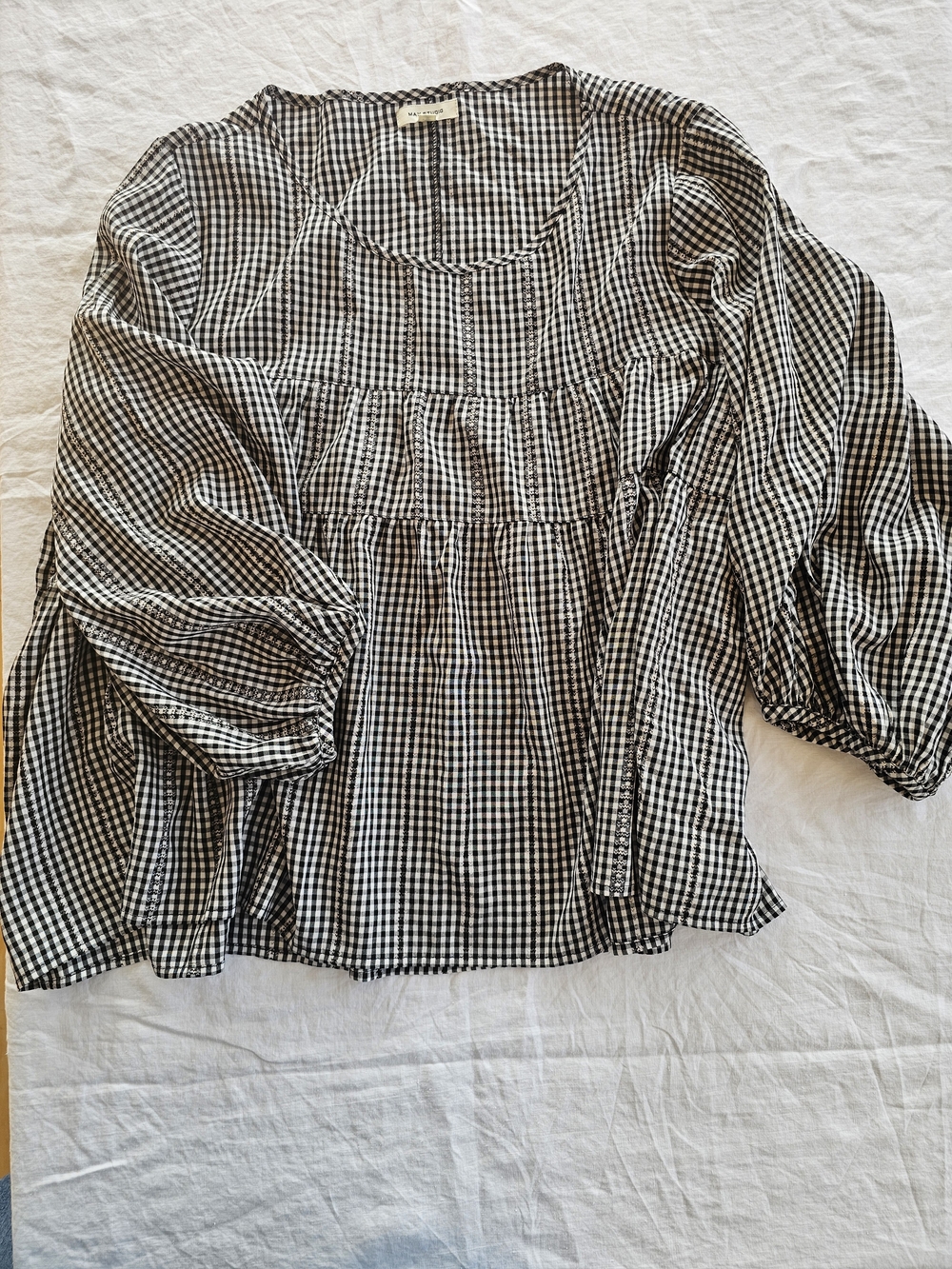 Max Studio Black & White Gingham Peasant Blouse Size XL